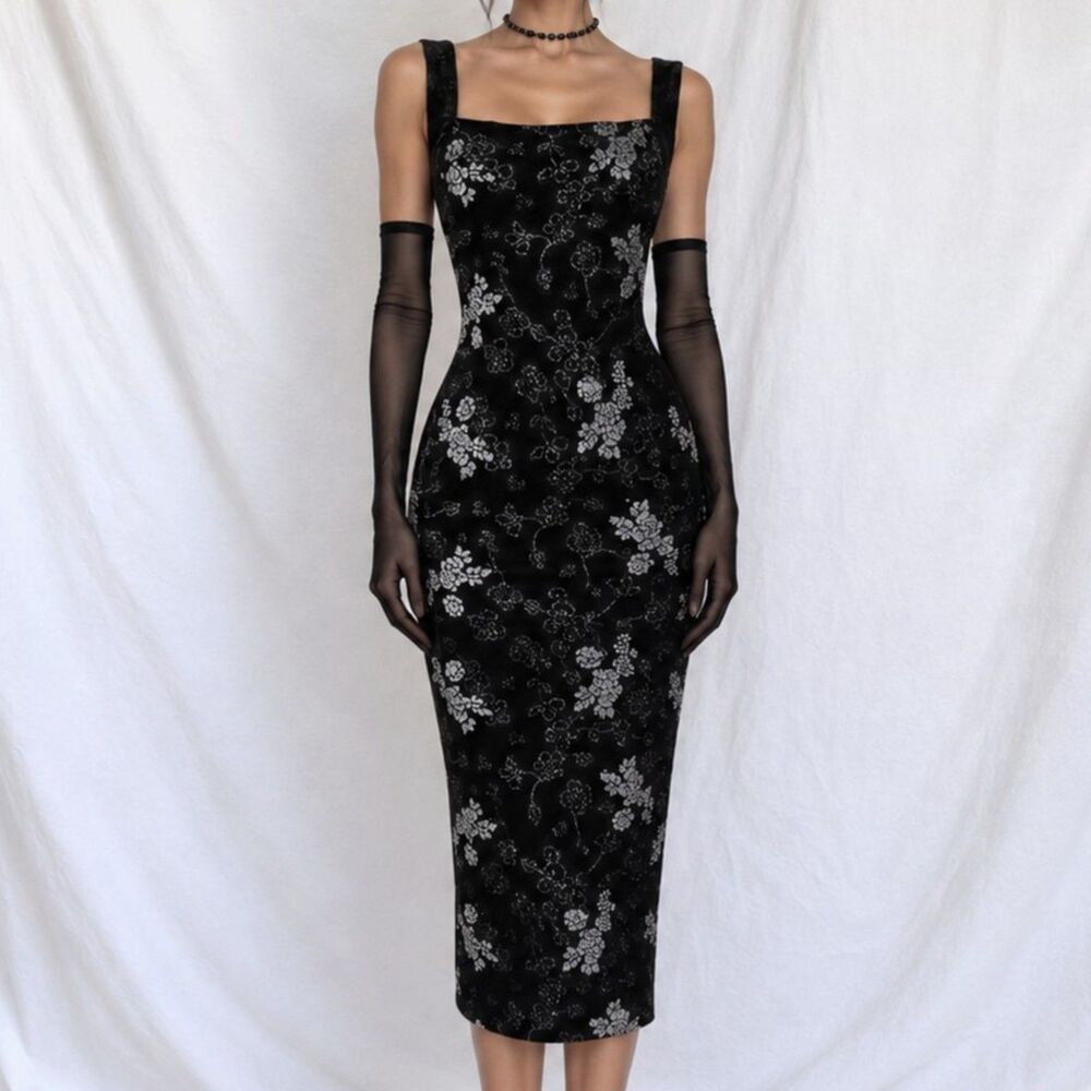 Vintage Y2K 90s Black Velvet Floral Glitter Beaded Midi Bodycon Cocktail Dress S